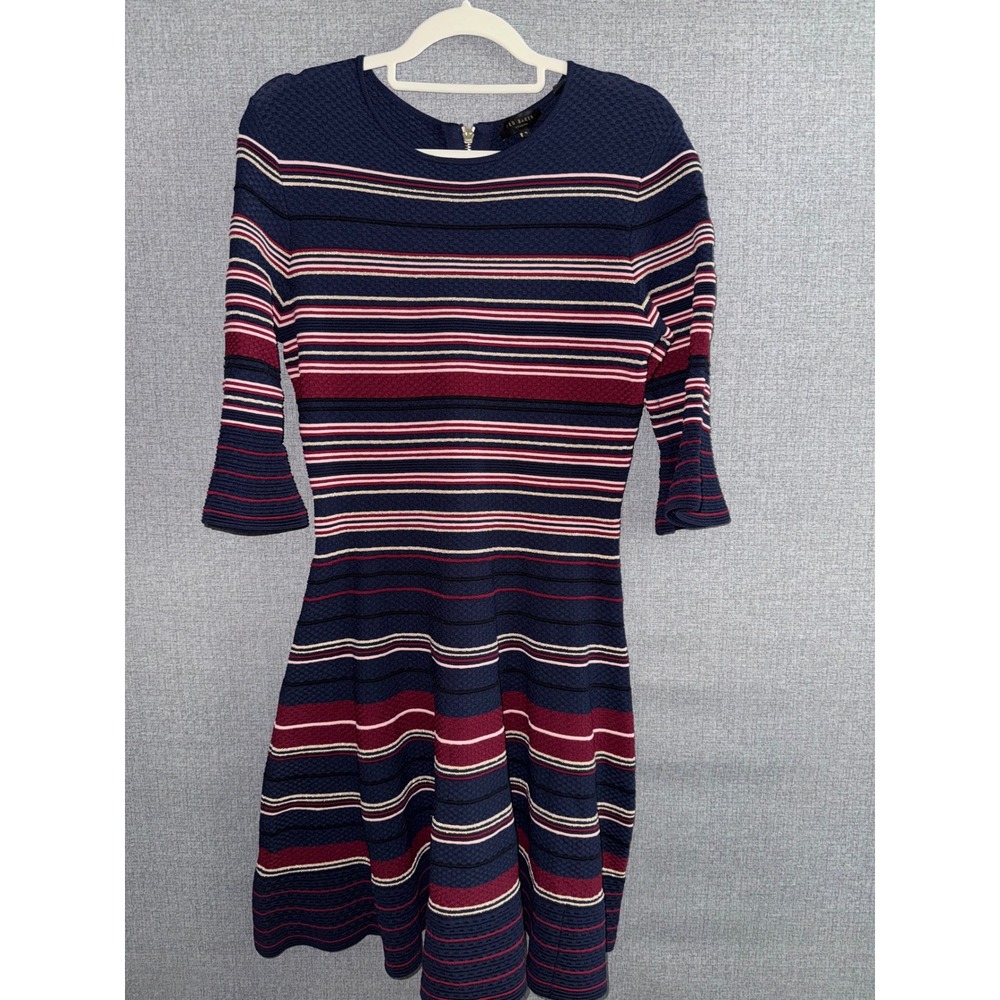 Ted Baker 4/ US 10 Dress Fit Flare Navy Striped Metallic Bell Sleeve Holiday